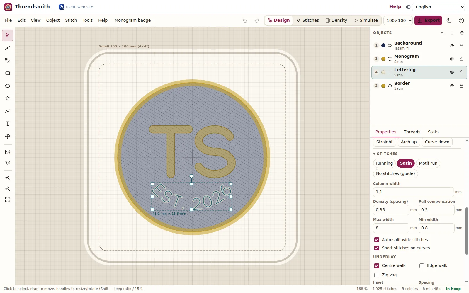 Lettering in satin columns on a name tag with the text properties panel