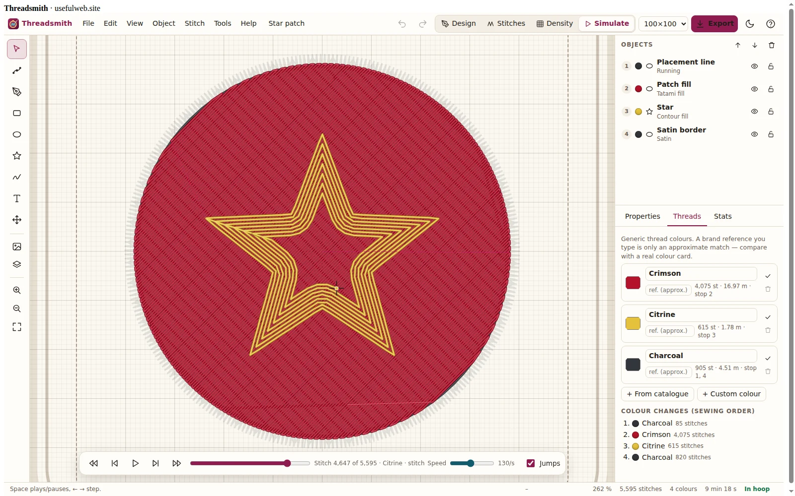 Stitch-out simulator halfway through a star patch with the needle marker