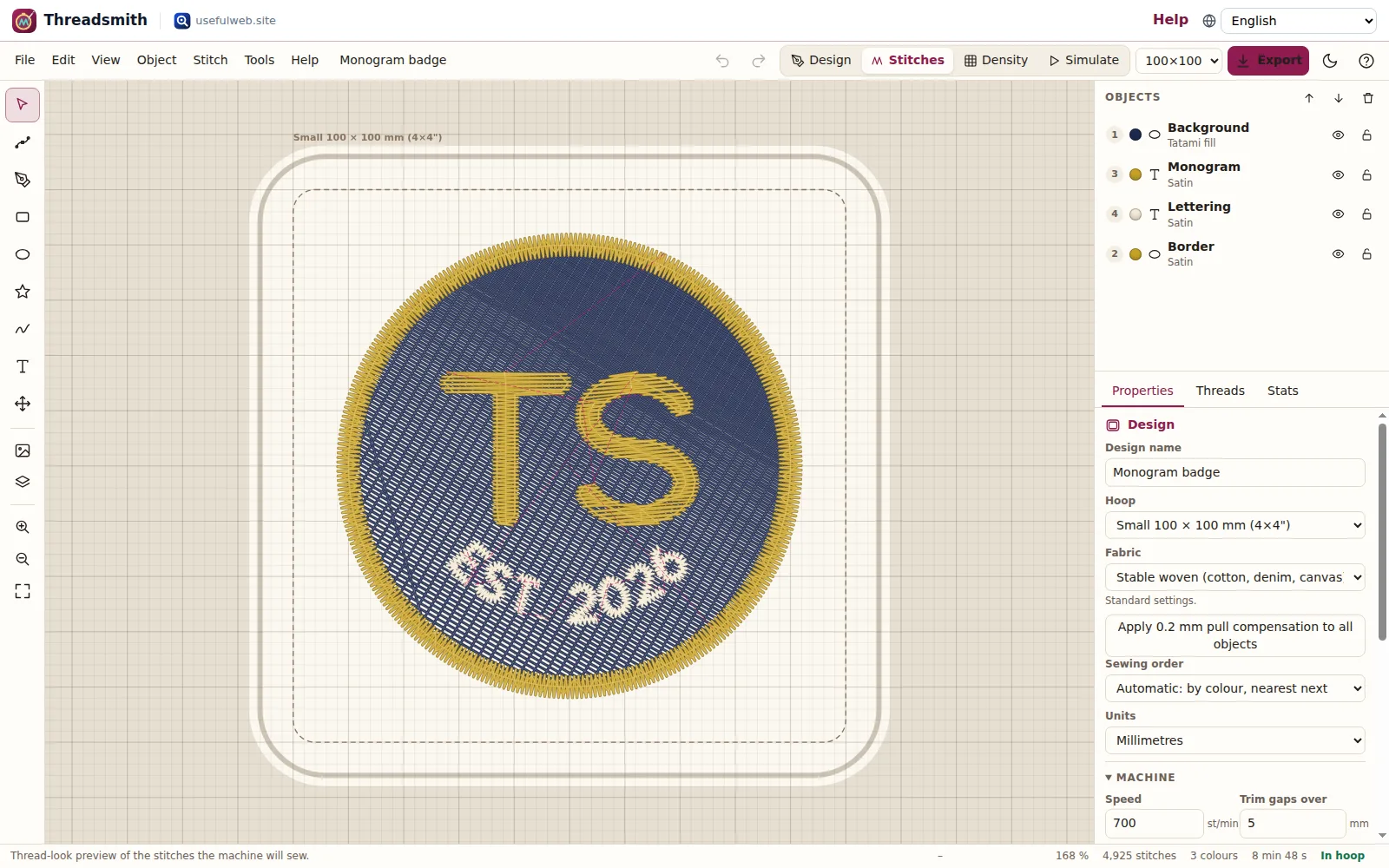 Realistic thread-look stitch preview of a monogram badge