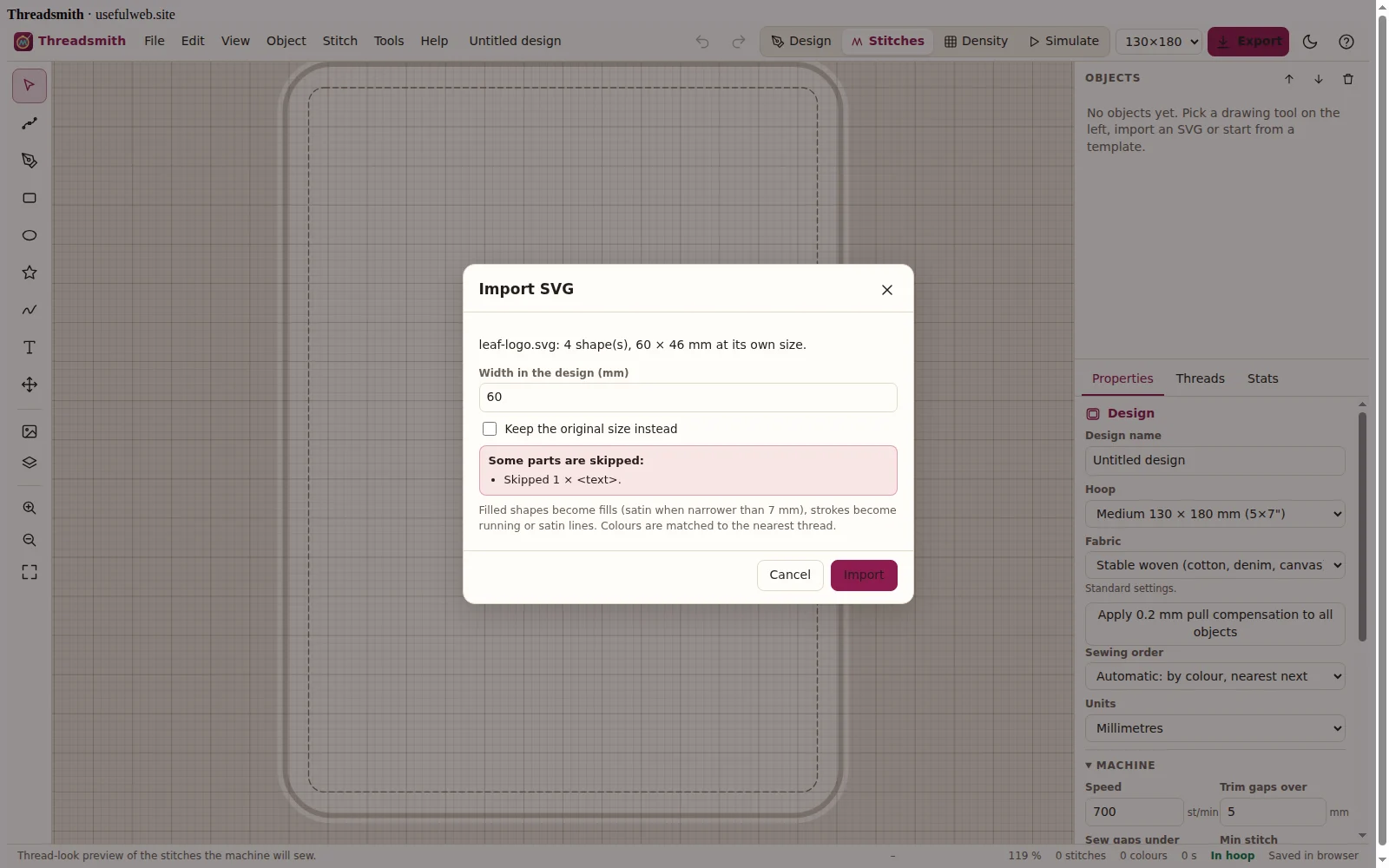 SVG import dialog with size and skipped parts