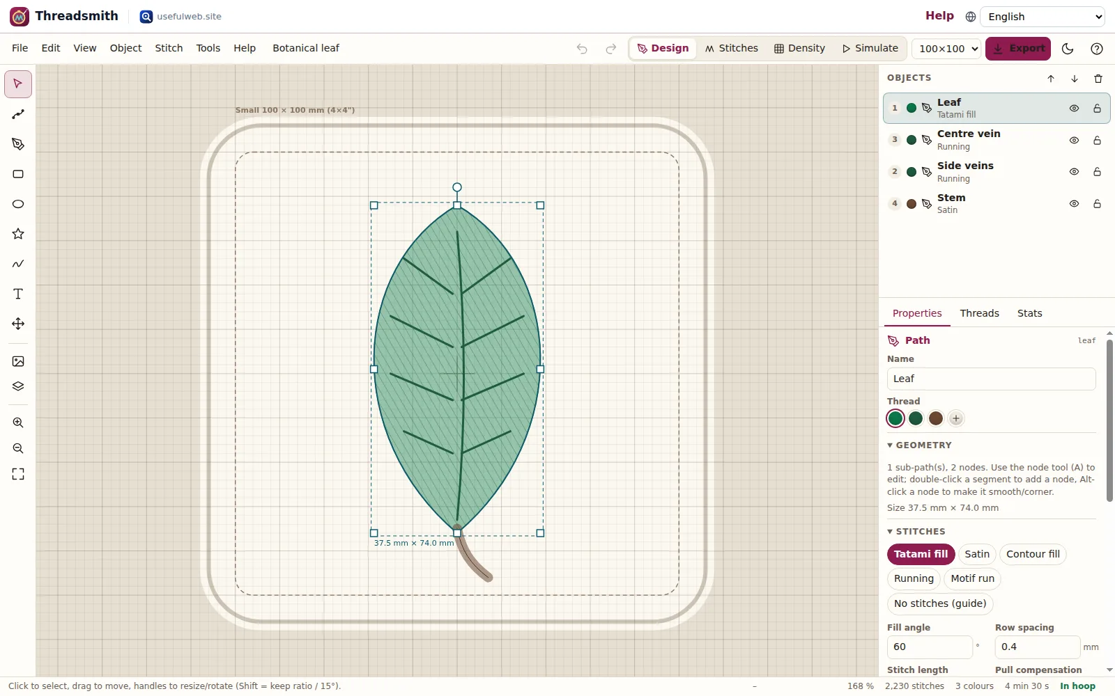 Threadsmith workspace with a leaf design, tool palette, object list and properties panel